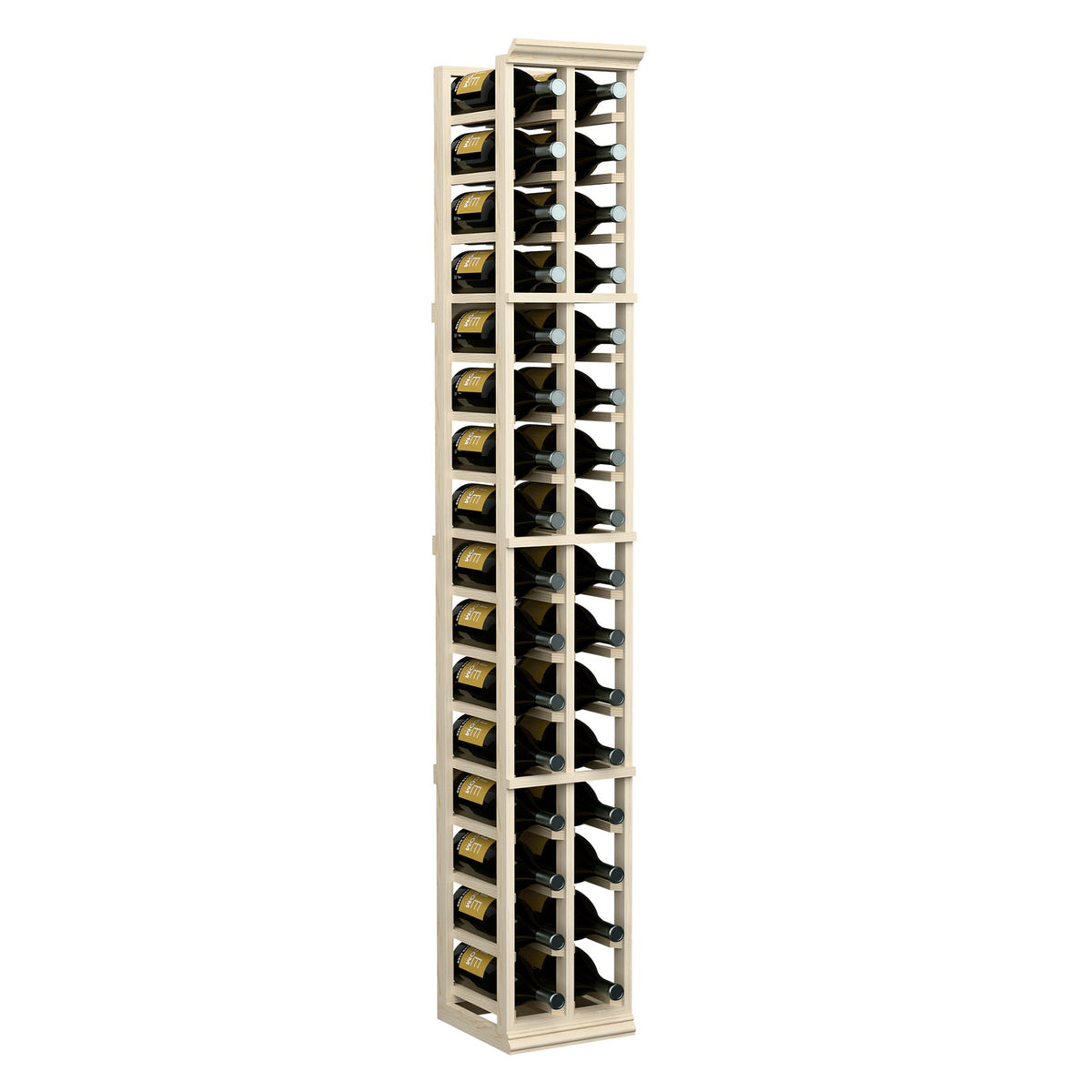 2-column wine bottle rack with pale wood frame and rows of bottle storage