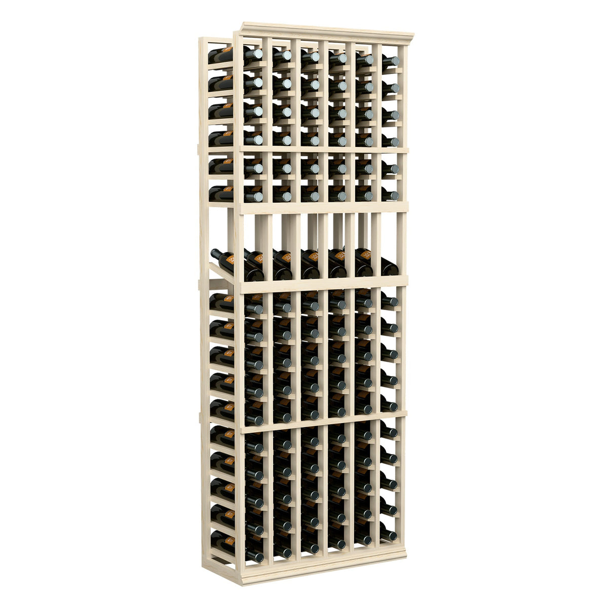 Tall six-column wine bottle display rack with light wood frame and open storage grid