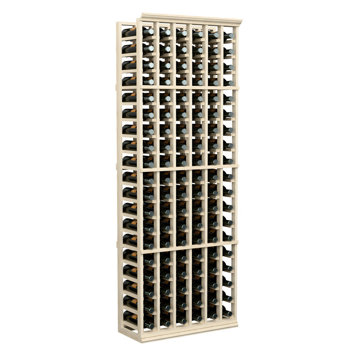6-column wine bottle rack, tall light wood frame with multiple bottle compartments