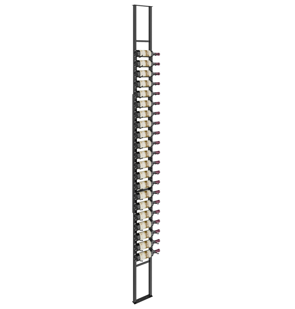 Matte black single-sided floating wine rack with bottle holders on a vertical rail