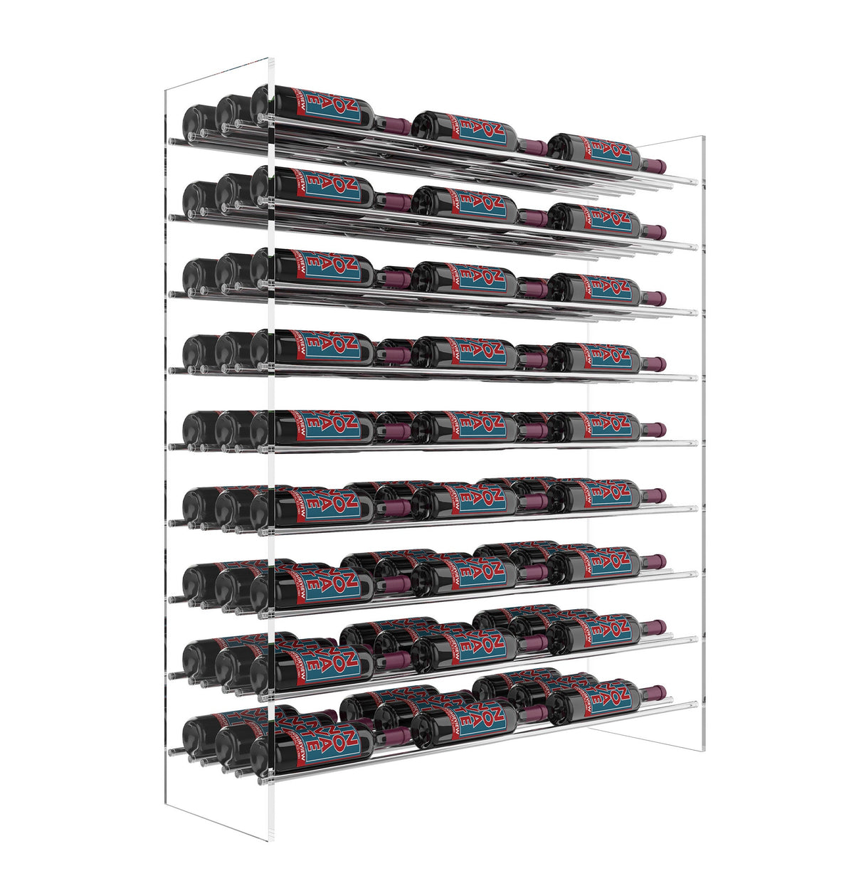 4 ft wine bottle tower rack with clear chrome sides and multiple rows of bottles