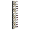 Wall-mounted wine rack with bottles seated on curved black holders