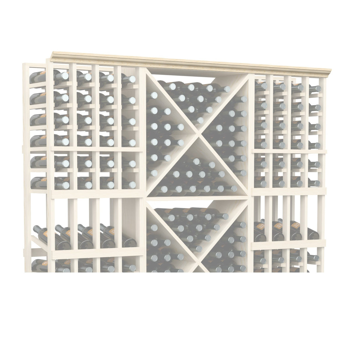 72-inch straight crown molding with perforated lattice panels in light wood