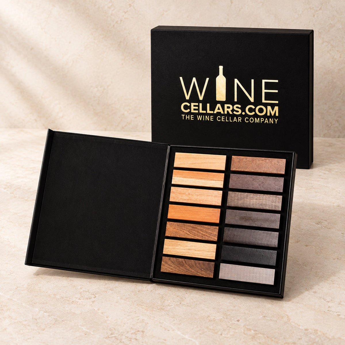 Wood sample kit with open black display box and multicolor wood slats
