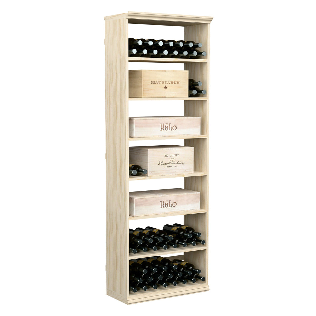 Upright wine case bin with open shelves and top bottle row, light wood