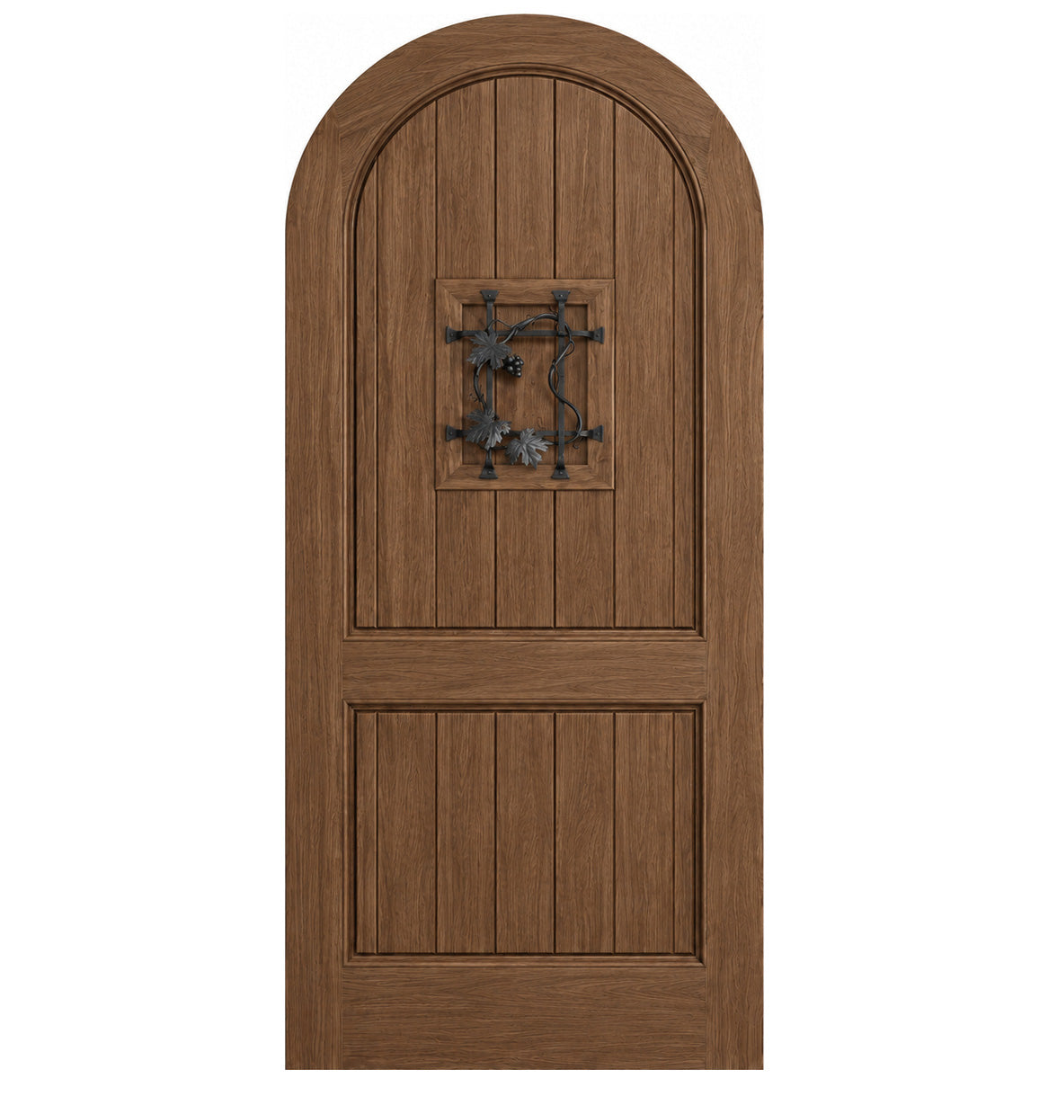 Espresso brown arched-top wood speakeasy door with centered iron grate panel