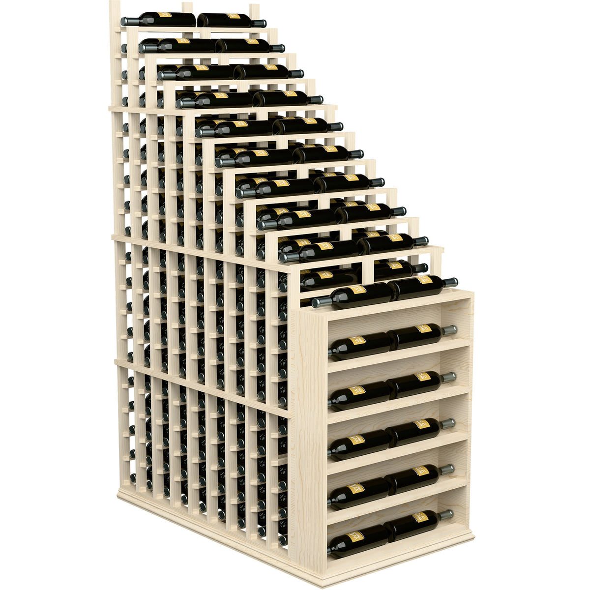 Light wood cascading waterfall wine rack with endcap and neatly arranged bottles