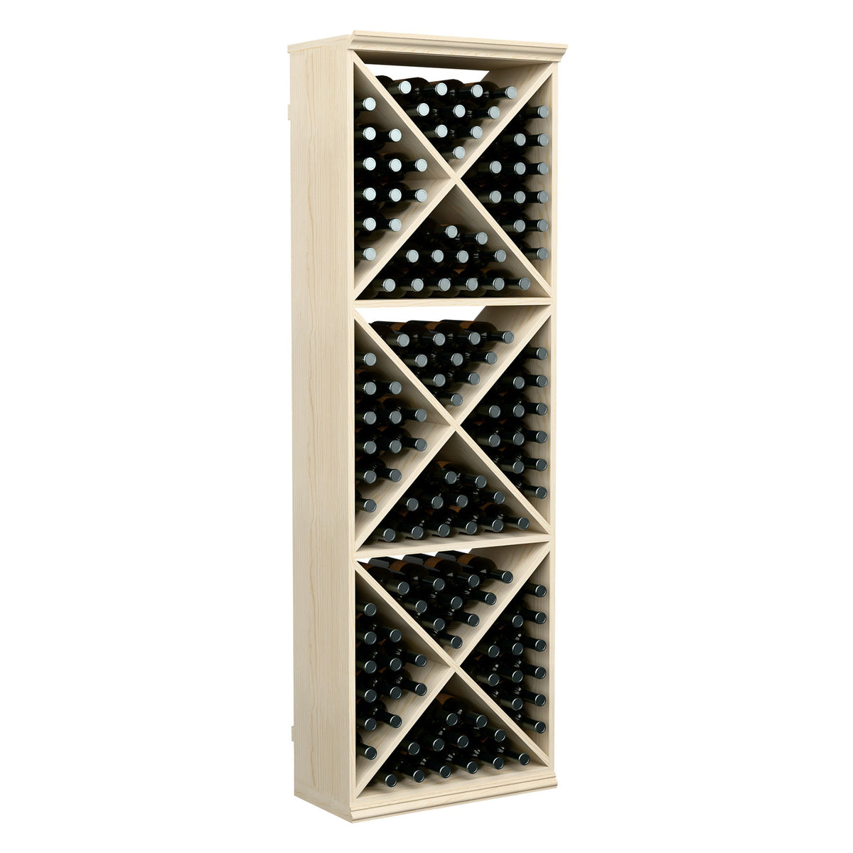 Light wood wine bottle storage rack with open front and crisscross bottle dividers.