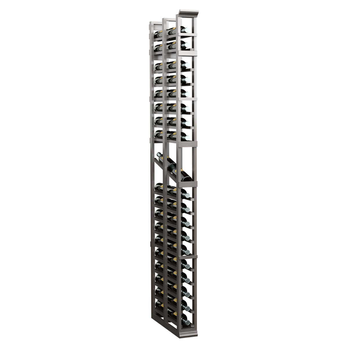 Tall double-deep display rack with dark gray frame and repeating square openings