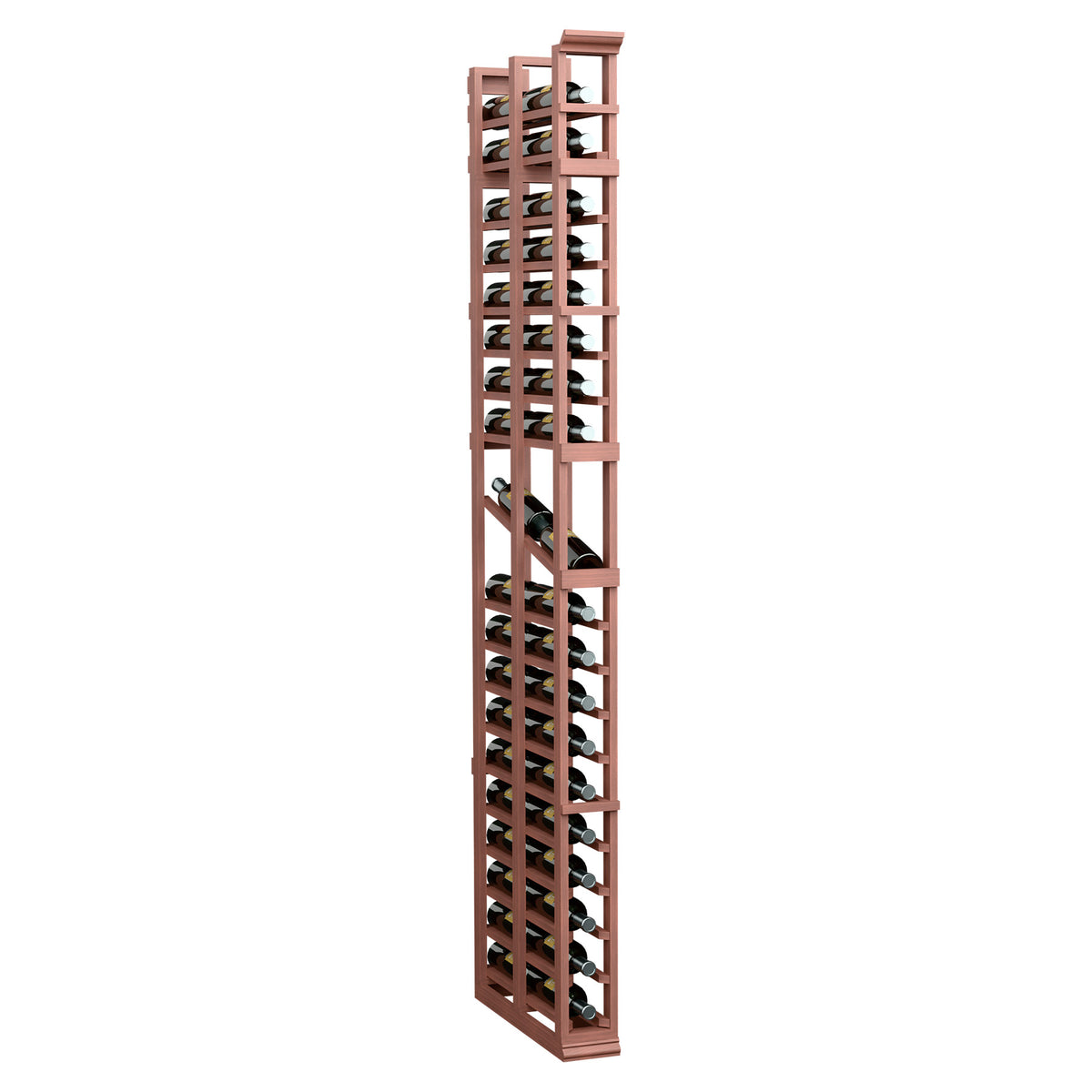 Tall double-deep display rack with warm red-brown frame and open cubby slots