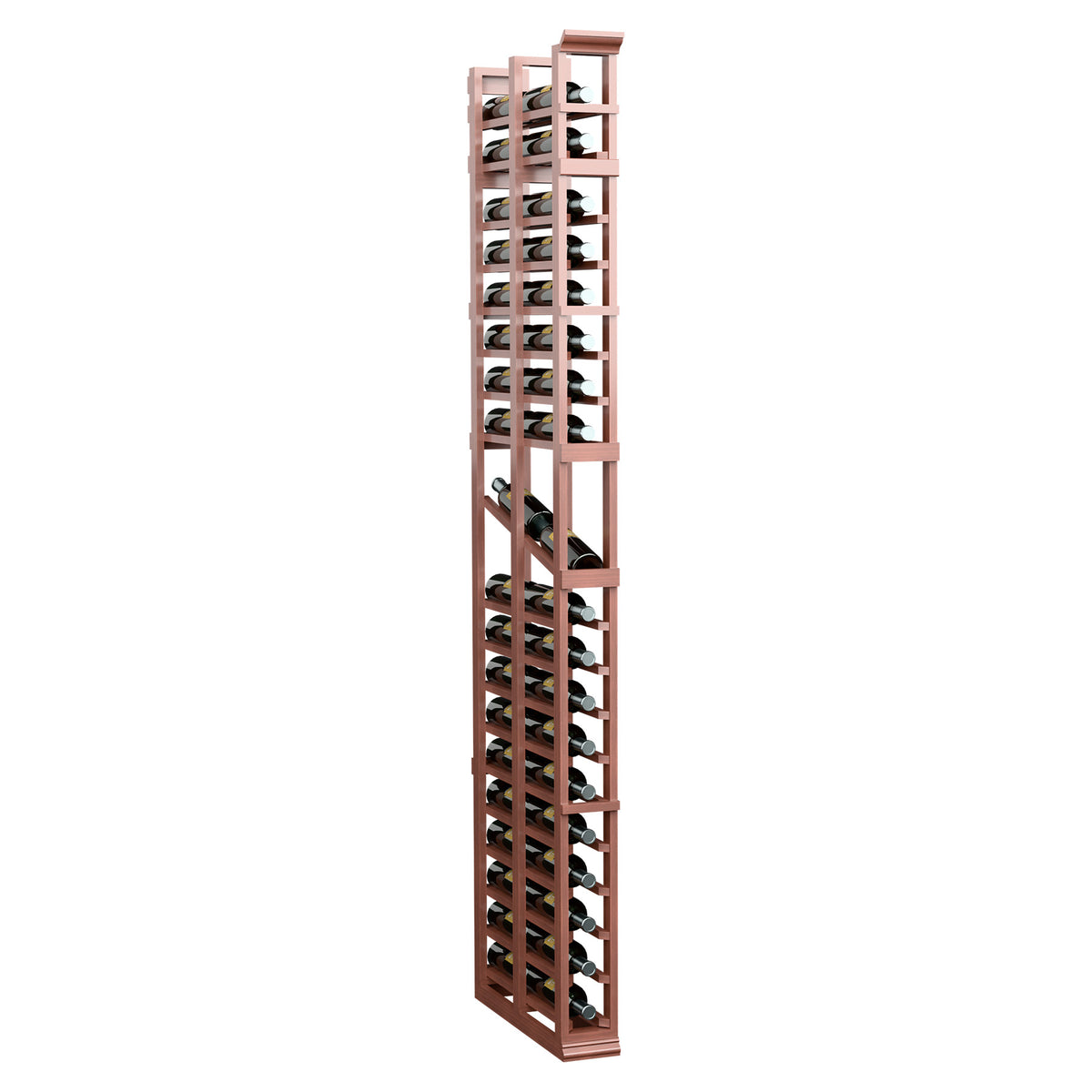 Tall double-deep display rack with warm red-brown frame and stacked shelf openings