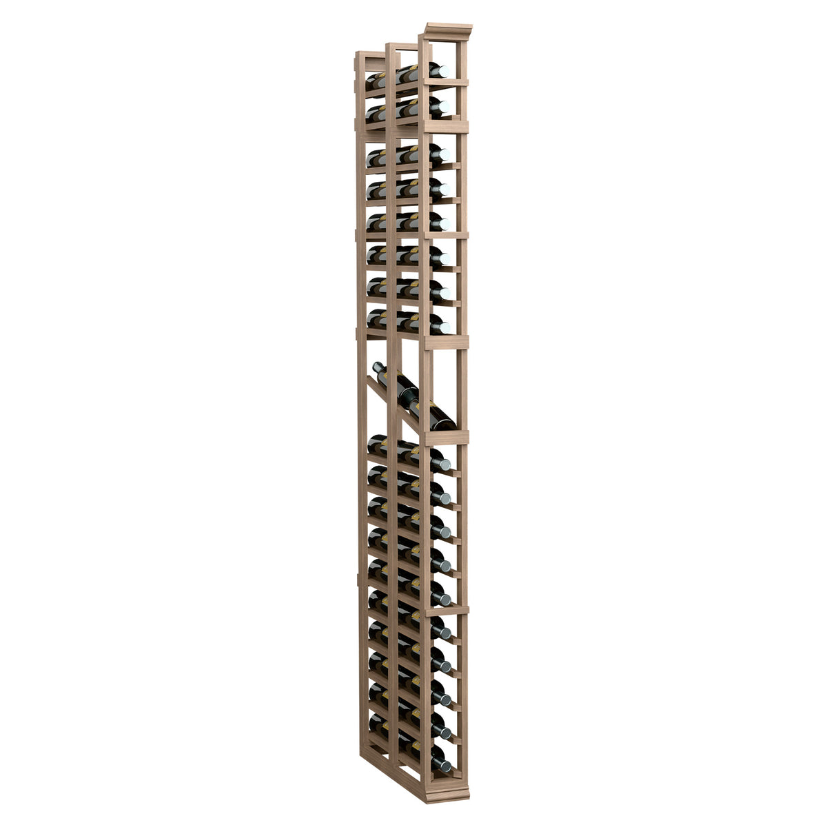 Tall double-deep display rack with light tan wood frame and open cubby slots