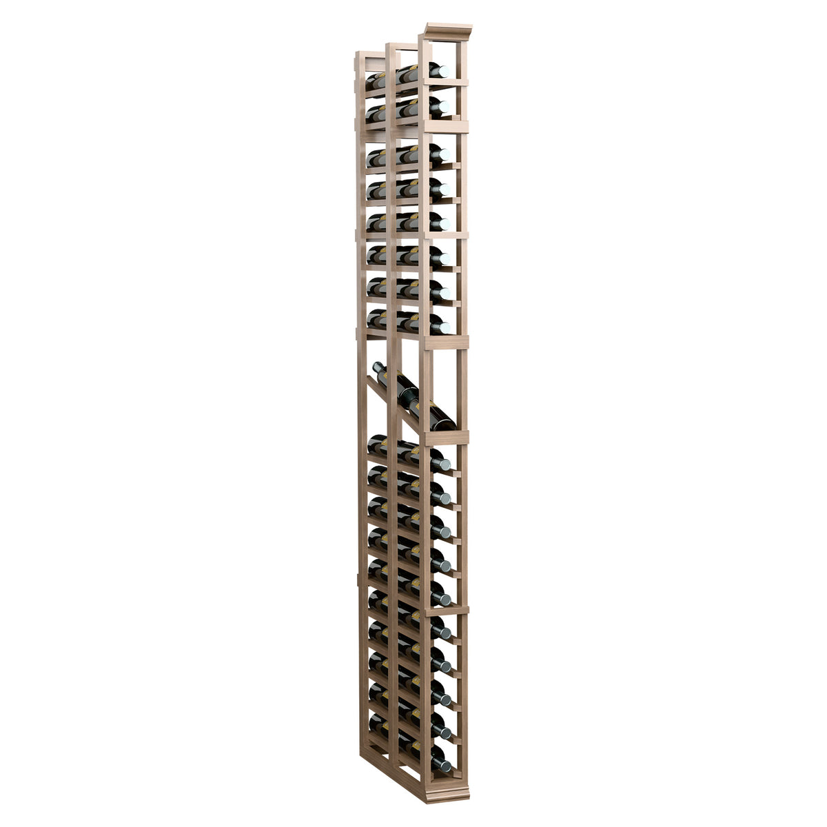Tall double-deep display rack with light tan wood frame and stacked shelf openings