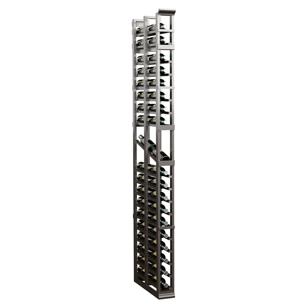 Tall double-deep display rack with dark gray frame and repeating square shelf openings