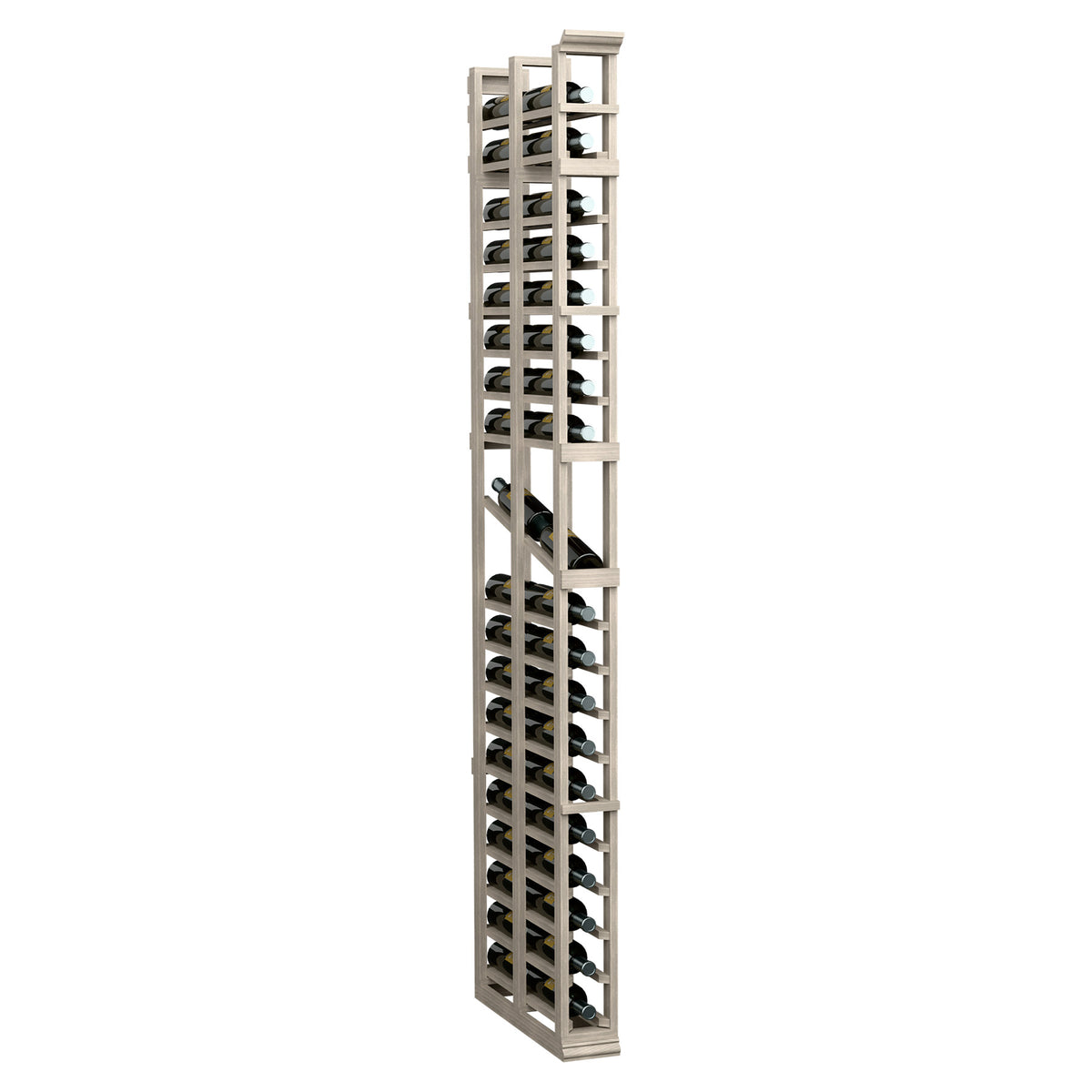 Tall 1-column double-deep wine rack with two-sided bottle slots, light wood
