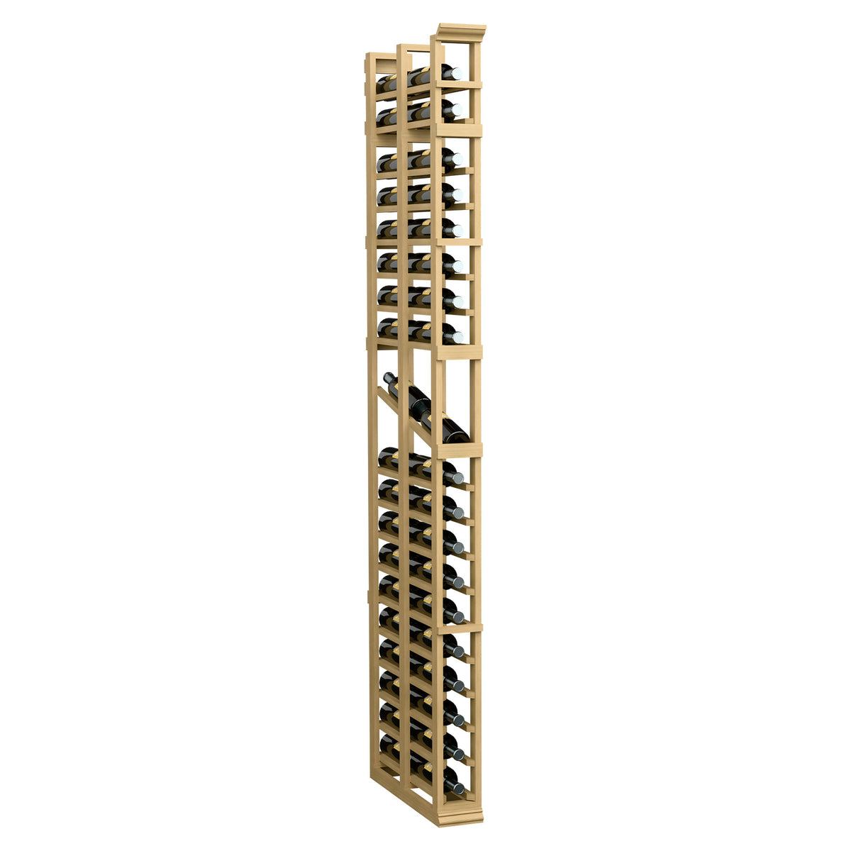 Tall 1-column double-deep wine rack with two-sided bottle slots, natural wood tone