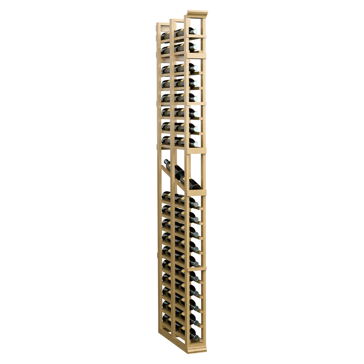 Tall 1-column double-deep wine rack with two-sided bottle slots, pale wood finish