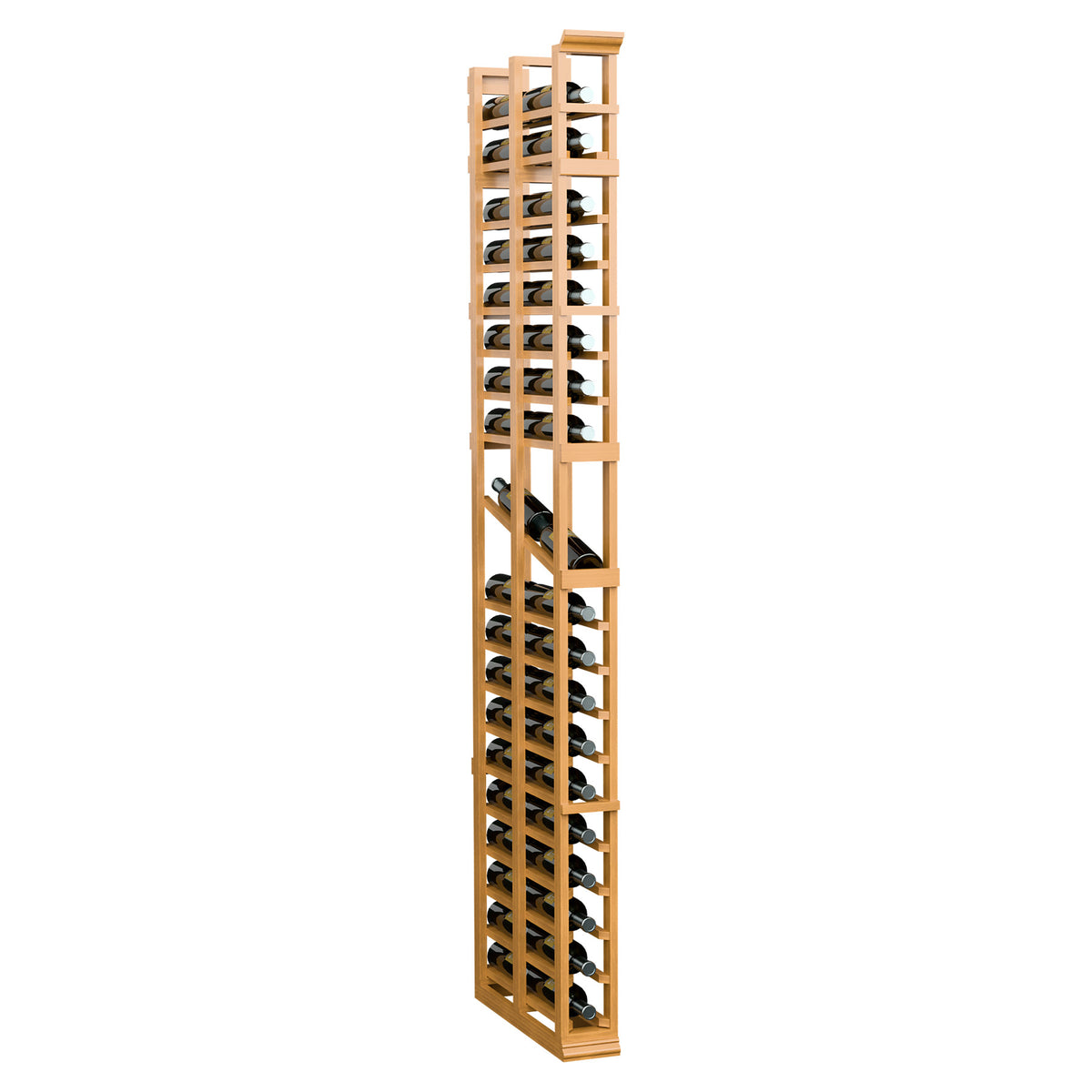 Tall 1-column double-deep wine rack with two-sided bottle slots, medium honey wood