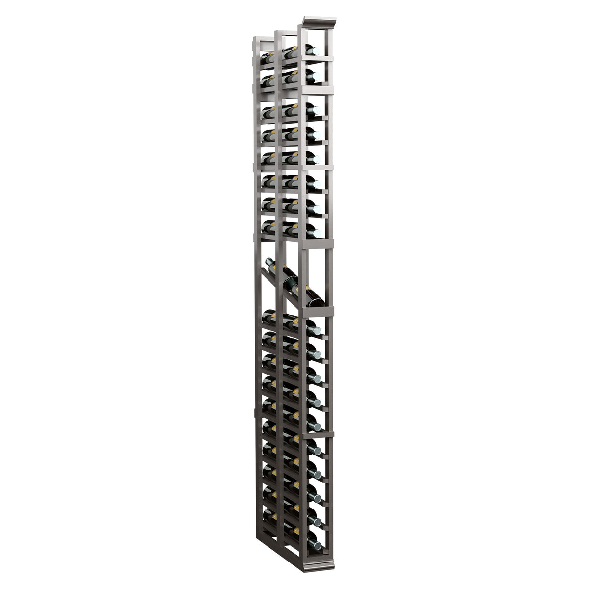 7-ft double-deep display rack, dark wood lattice shelves for small items.