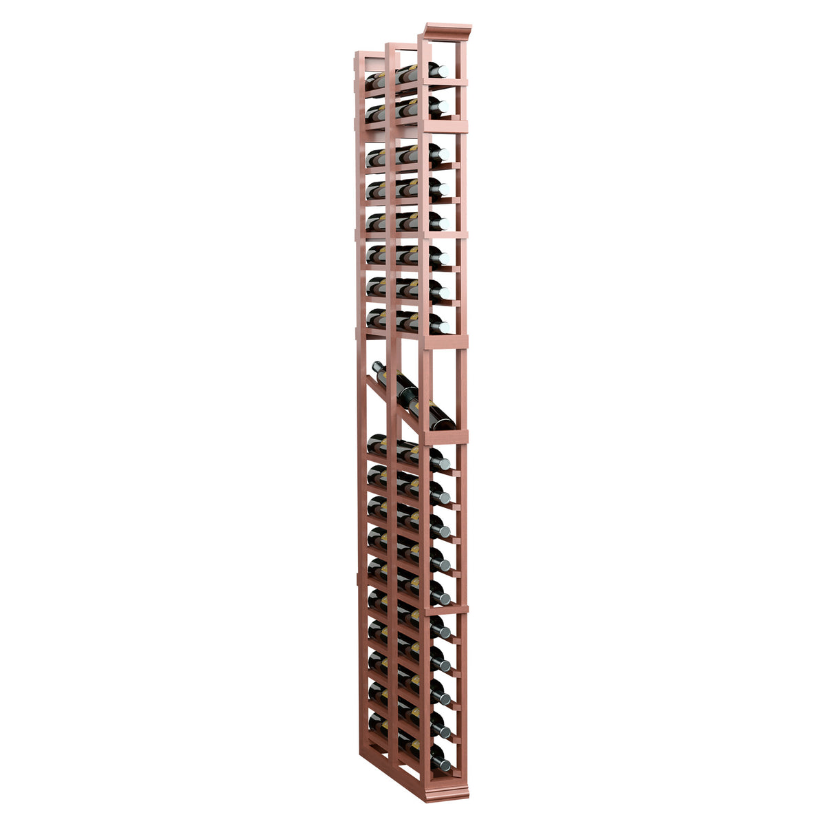 7-ft double-deep display rack, red-brown wood lattice shelves for small items.