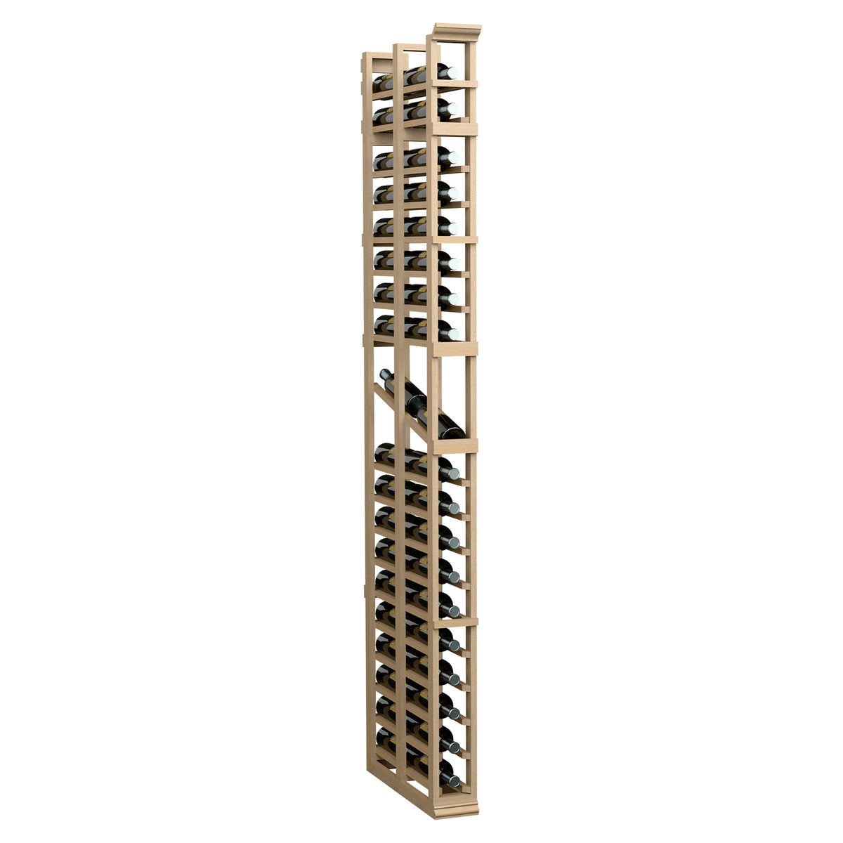 7-ft double-deep display rack, light wood lattice shelves for small items.