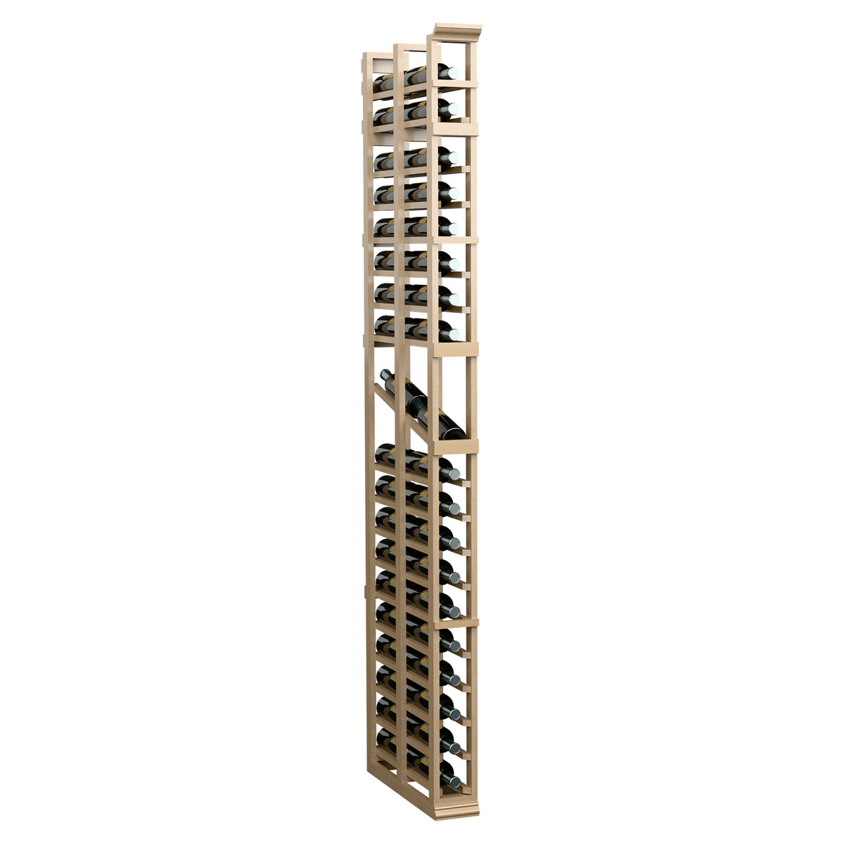 7-ft double-deep display rack, light wood lattice shelves for small items.