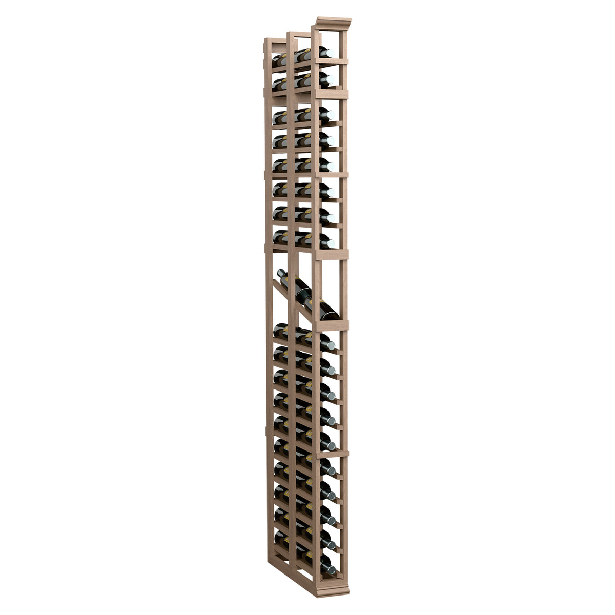7-ft double-deep display rack, light wood lattice shelves for small items.