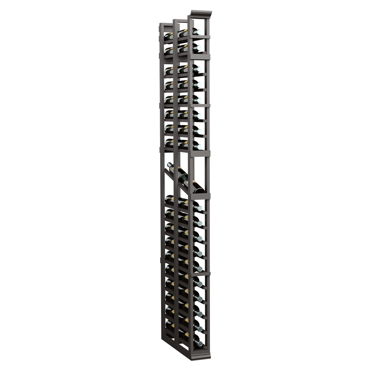 7-ft double-deep display rack, dark wood lattice shelves for small items.