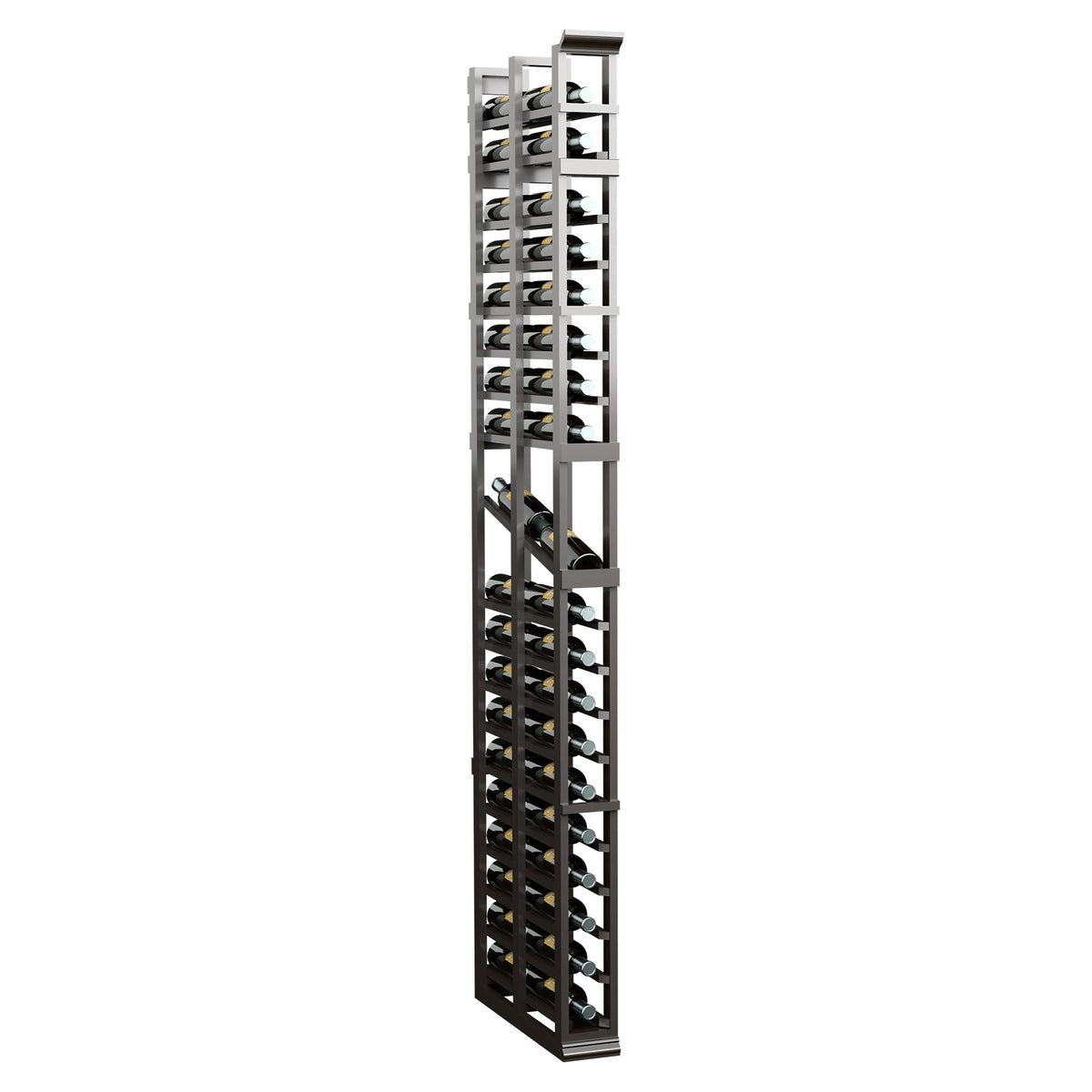 7-ft double-deep display rack, dark wood lattice shelves for small items.