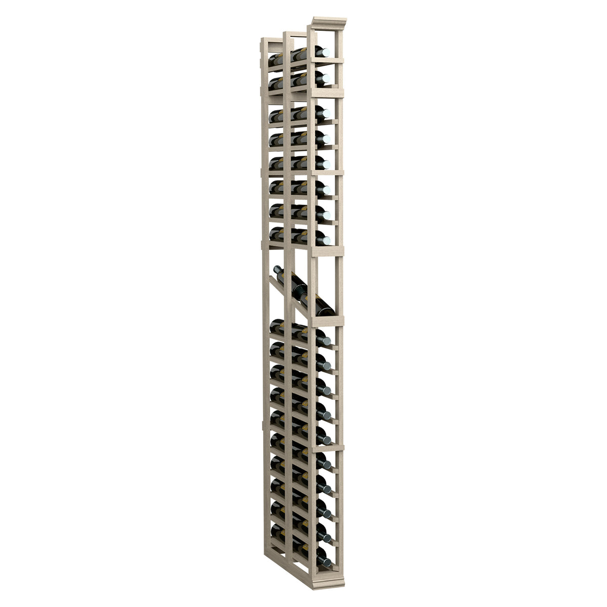 Tall wine bottle display rack with two rows of cube-style slots, light wood finish