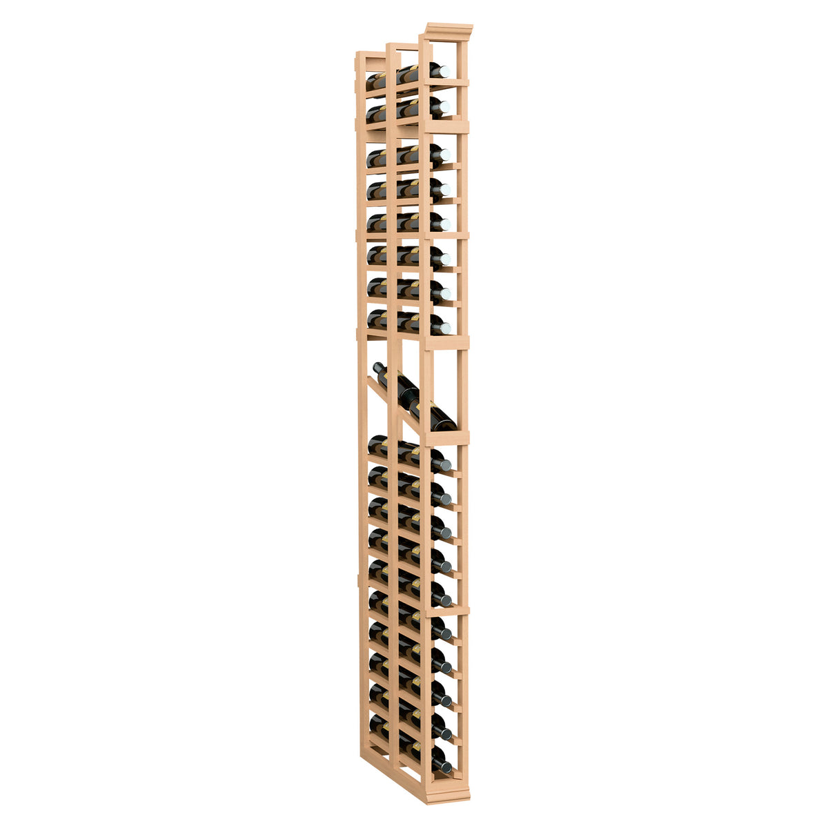 Natural wood wine bottle display rack with double-deep grid of bottle slots