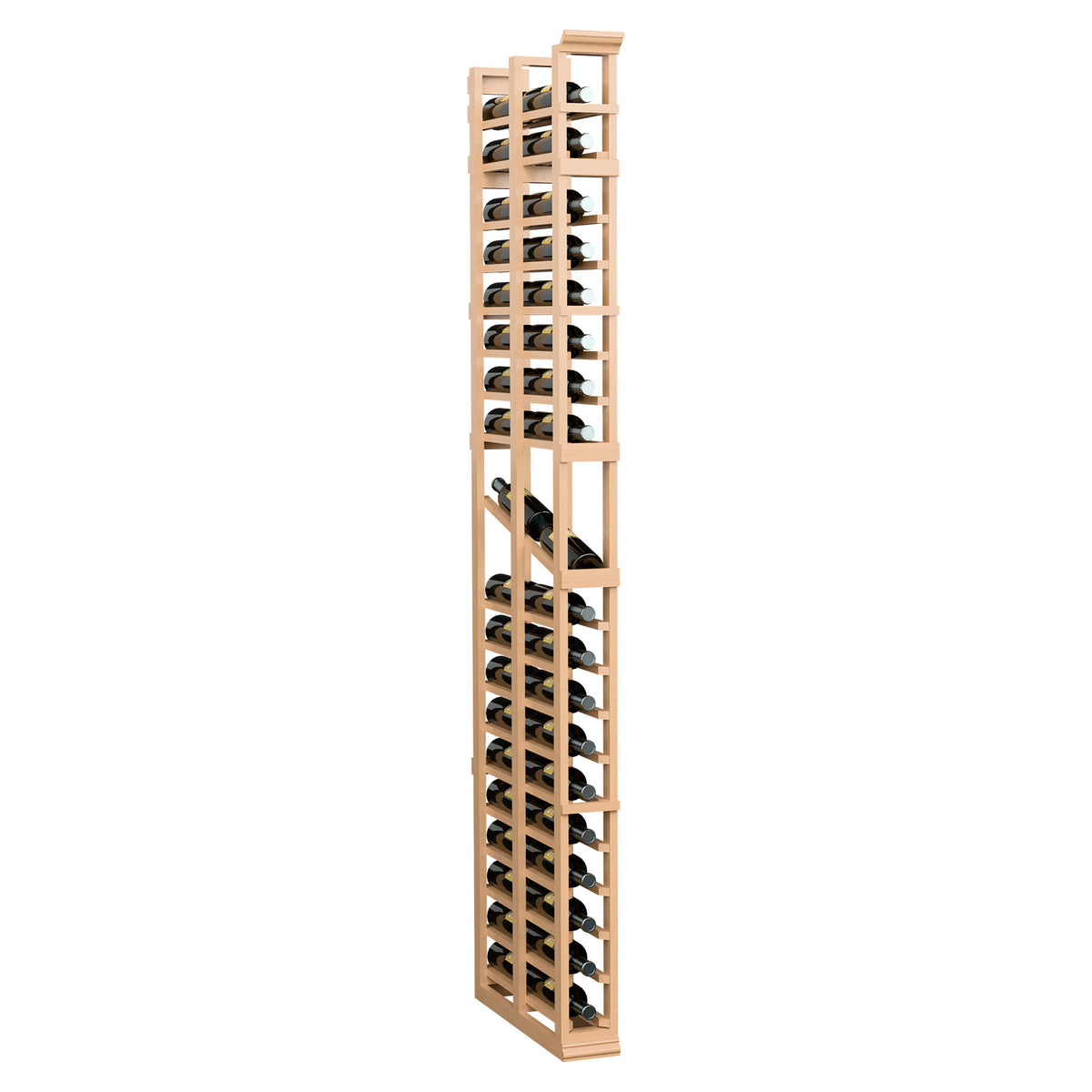 Light honey wood wine bottle display rack, double-deep bottle slots in a frame