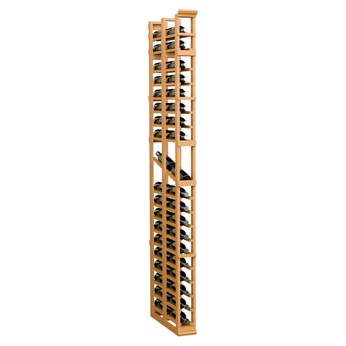 Warm wood wine bottle display rack with double-deep bottle slots and open grid
