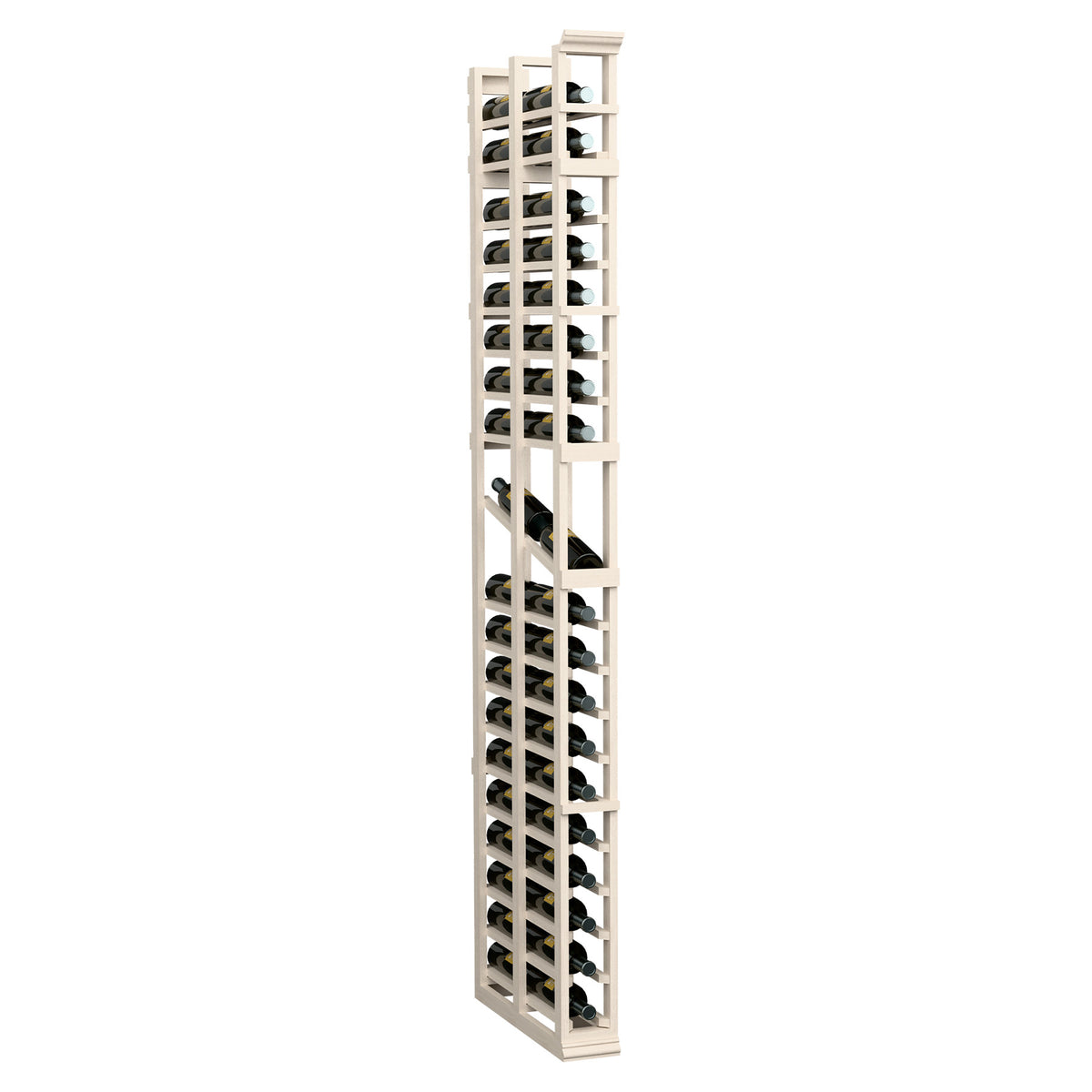 Whitewash-style wine bottle display rack with double-deep cube slots, tall frame