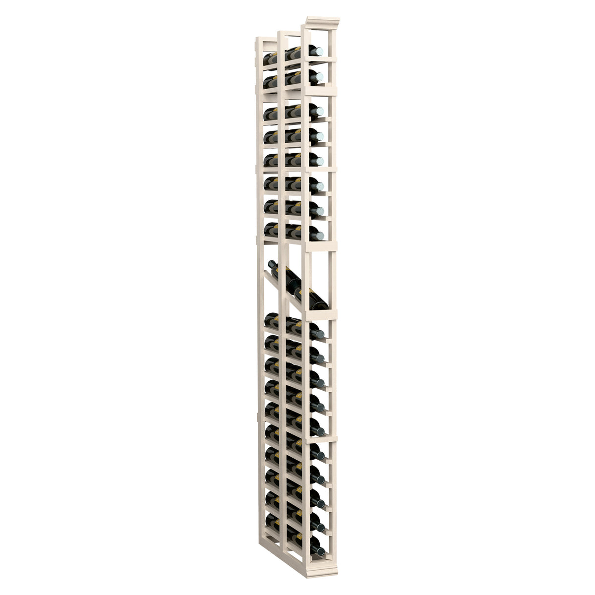 Whitewash wine bottle display rack with double-deep bottle slots and open storage grid