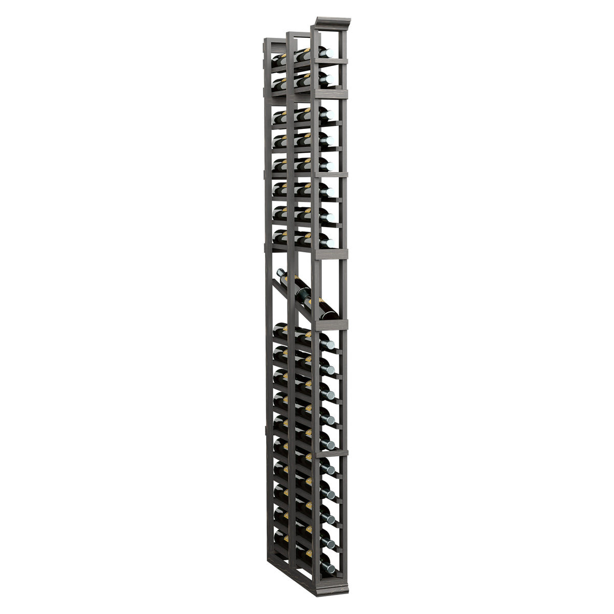 7ft single-column double-deep display rack with dark frame and tiered shelves