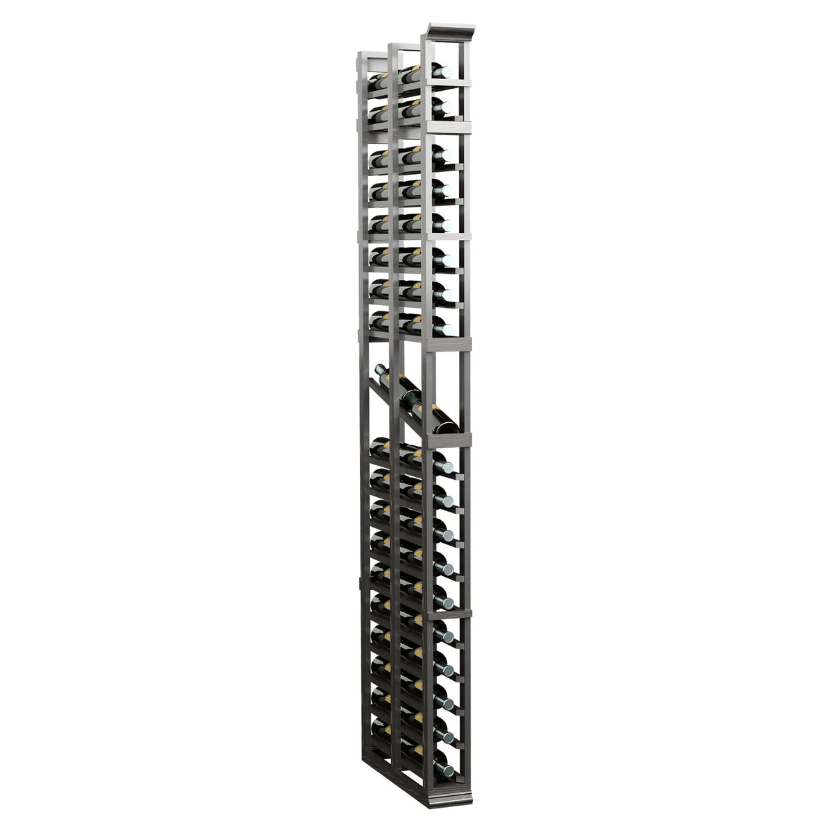 7ft single-column double-deep display rack with dark frame and multiple open tiers