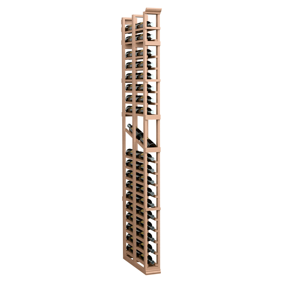 7ft single-column double-deep display rack with medium wood frame and tiered shelves