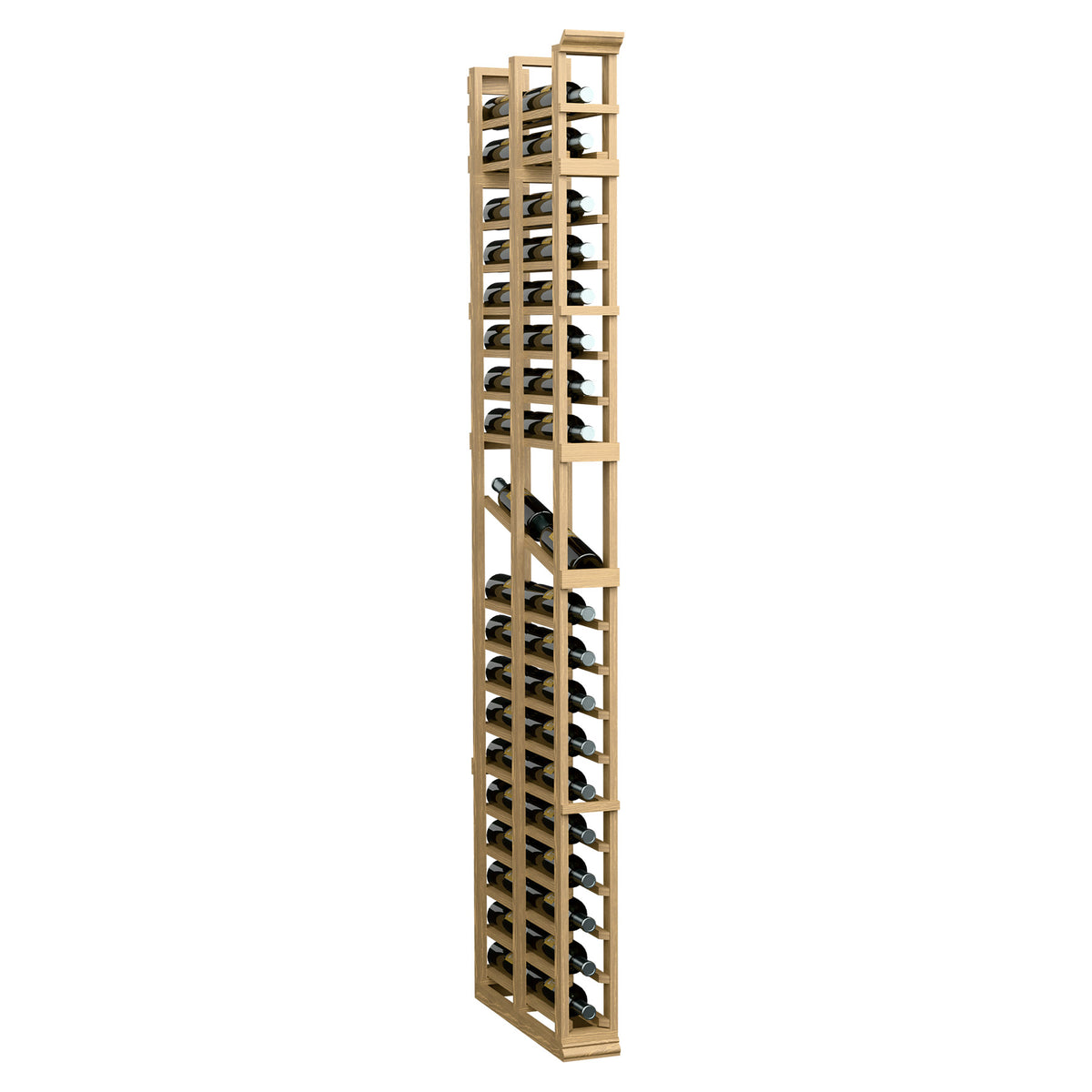 7ft single-column double-deep display rack with light tan wood frame and open tiers