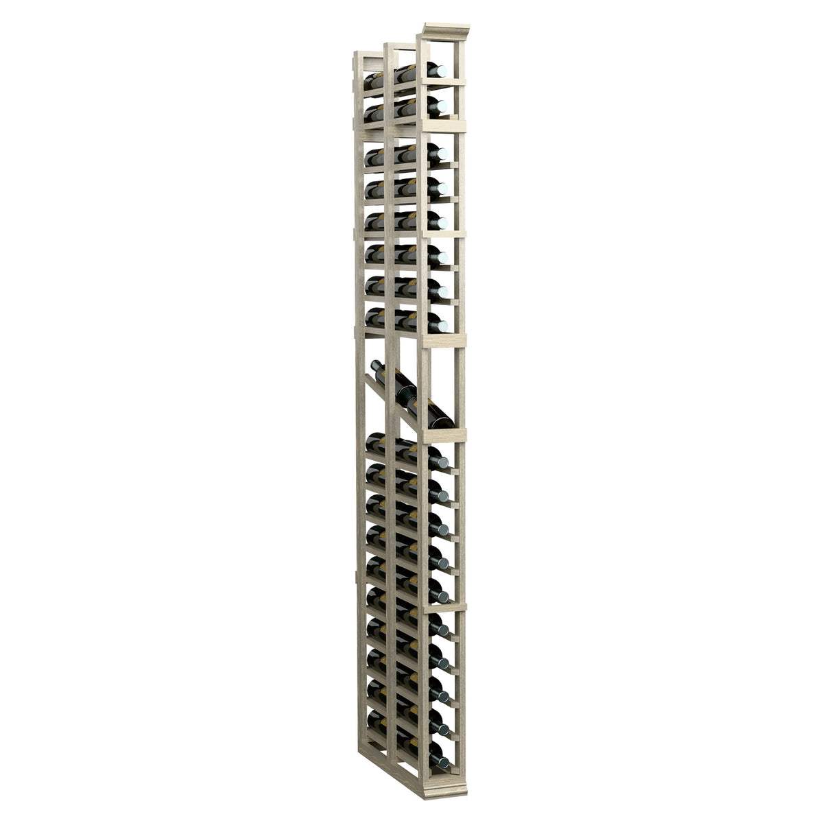 Light wood tall bottle display rack with double-deep open compartments