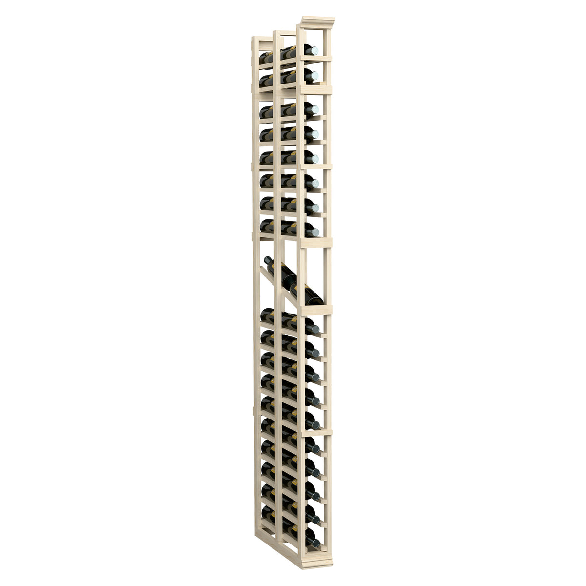 7-ft vertical wood display rack with multiple open bottle slots and shelves