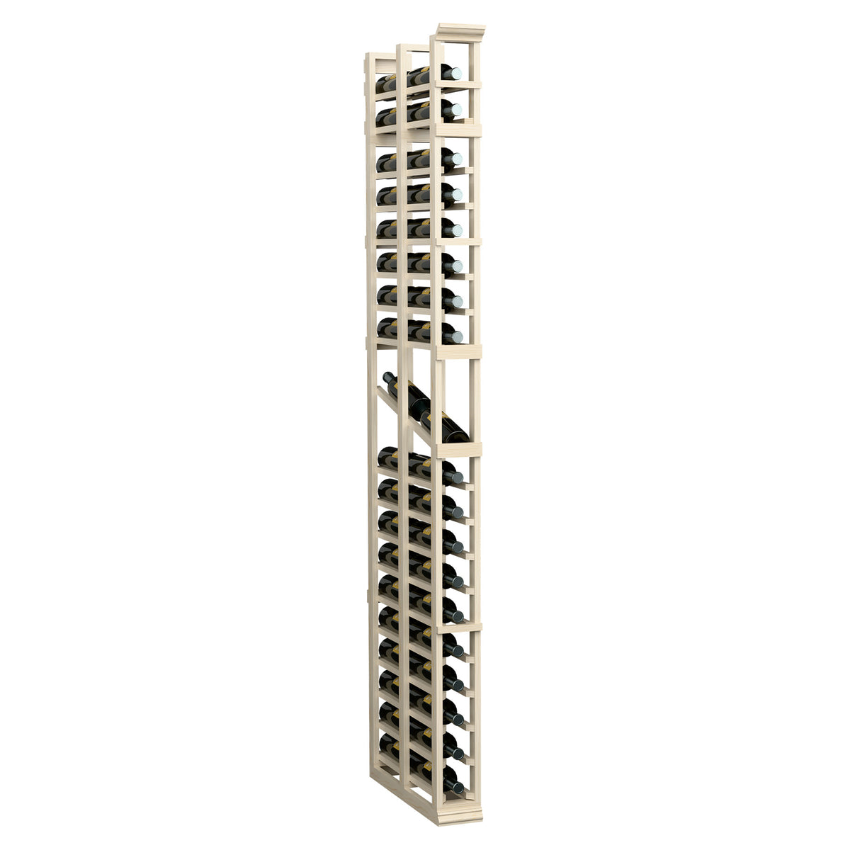 Tall light-wood bottle display rack with double-deep compartment grid
