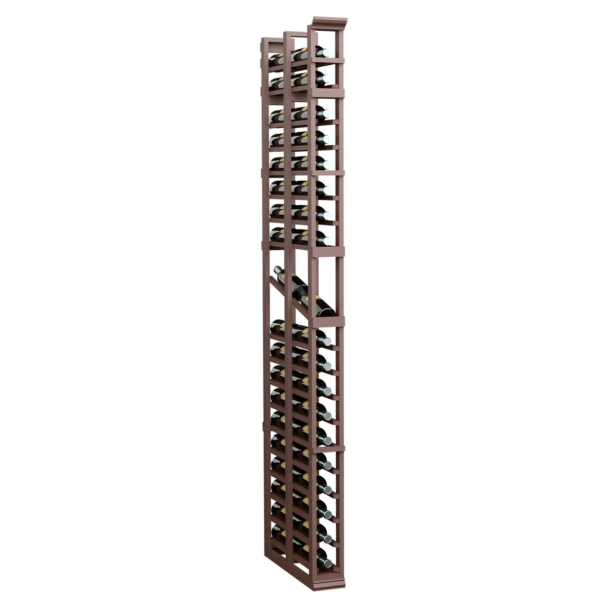 Dark wood tall bottle display rack with open double-deep slots for bottles
