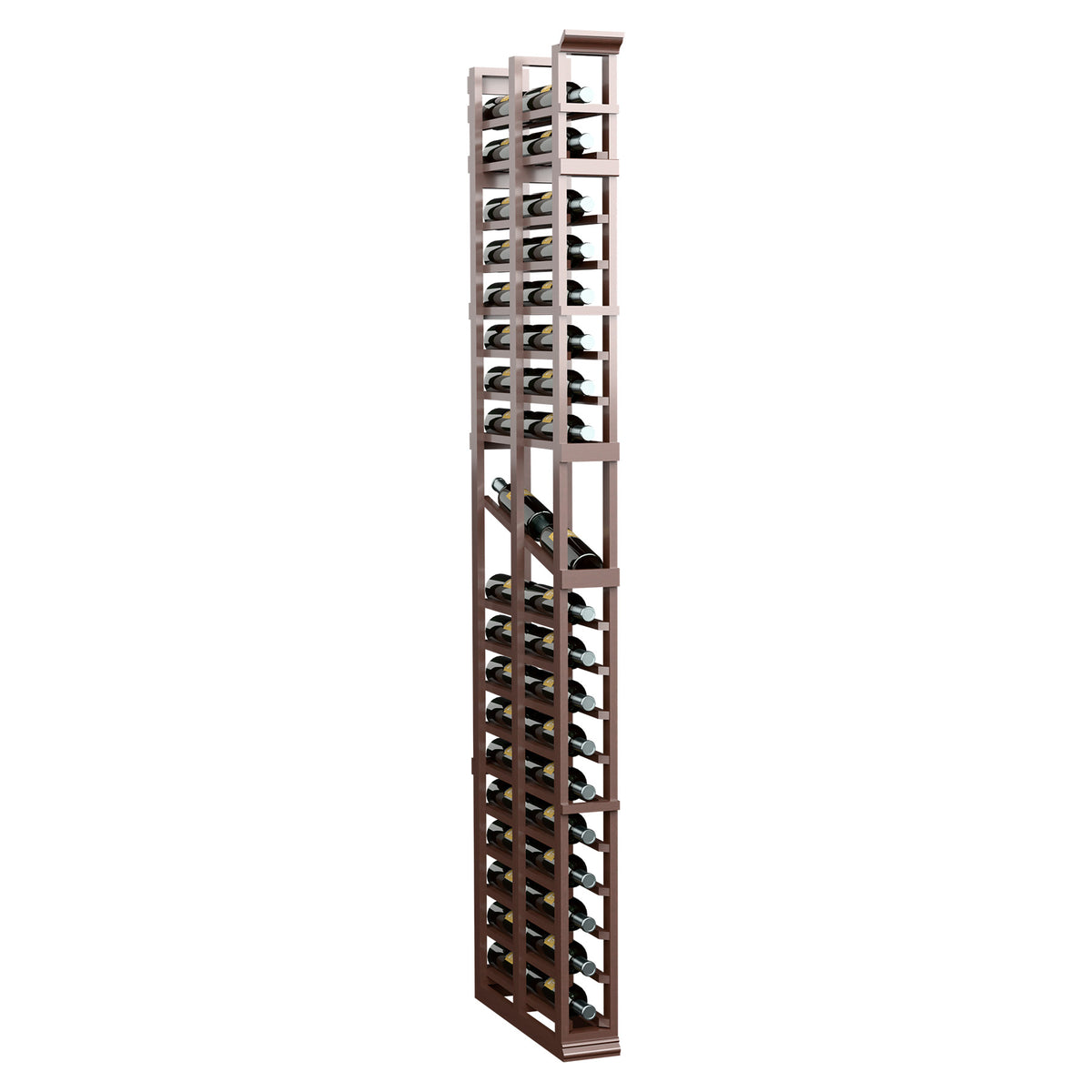 Brown wood vertical display rack with multiple bottle slots across double-deep rows