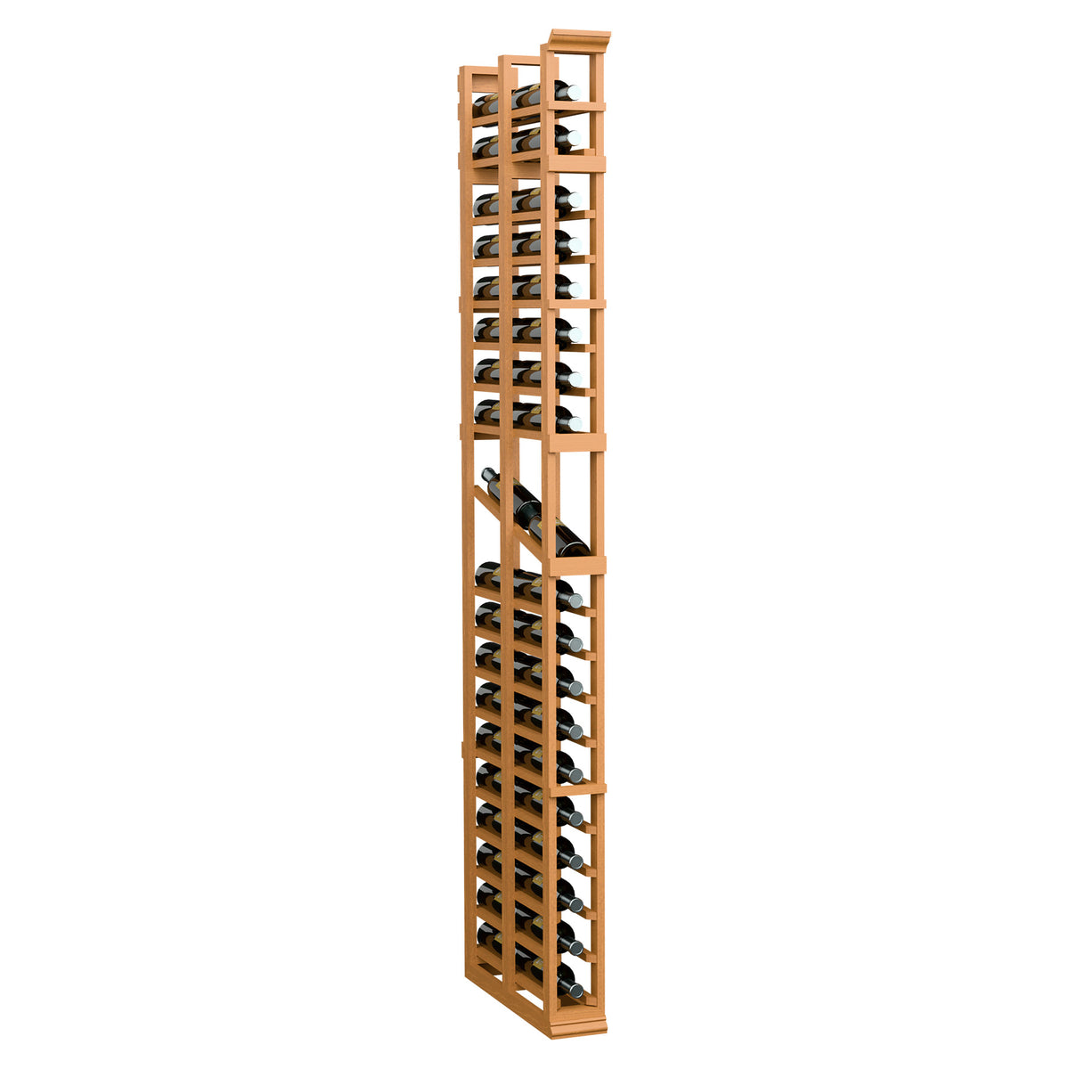 Natural wood tall bottle display rack with open double-deep compartments