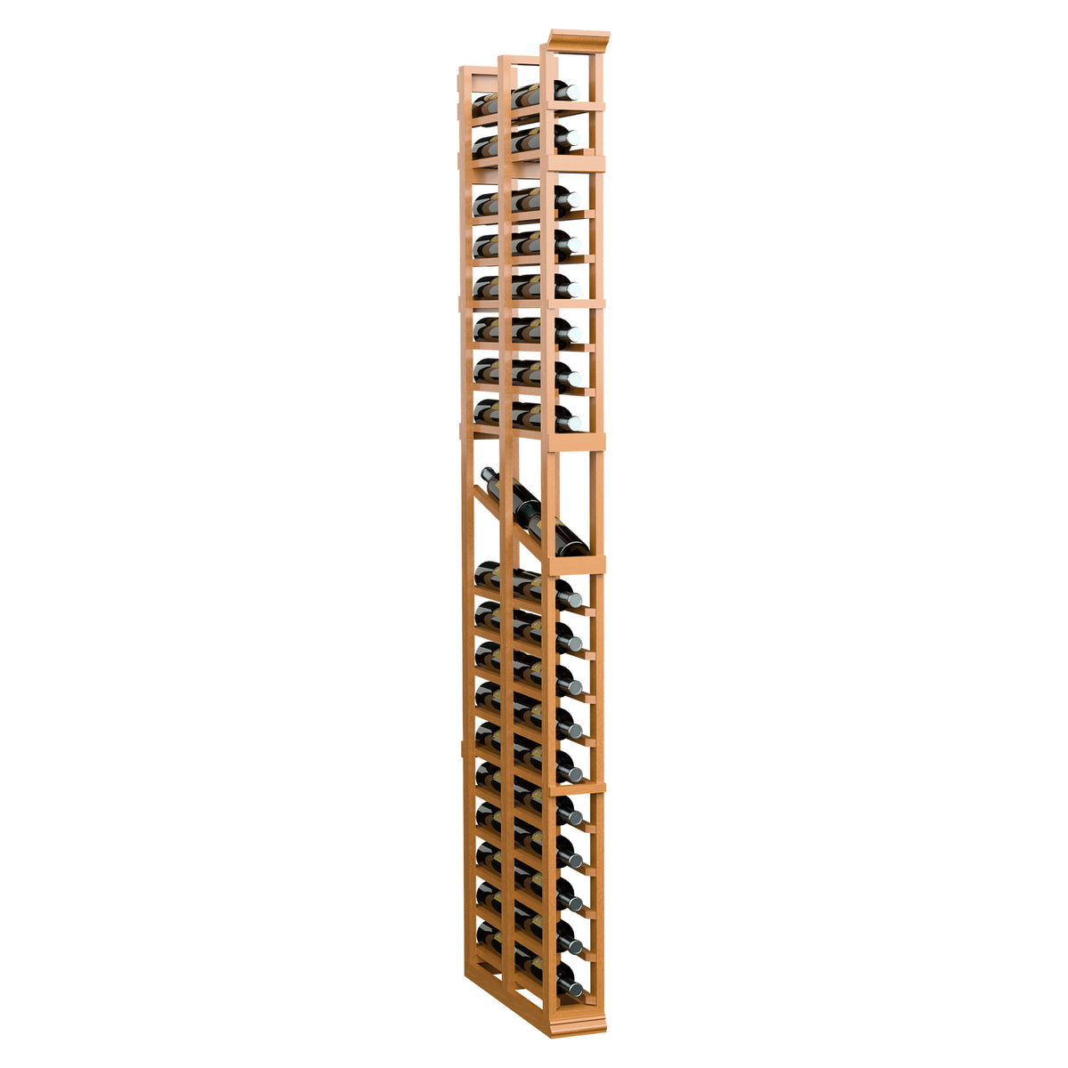 Light tan wood vertical bottle display rack with open double-deep slot grid