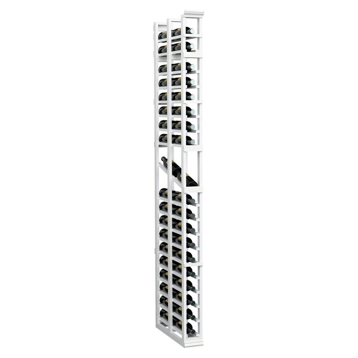 White wood tall bottle display rack with open double-deep slots and grid shelves