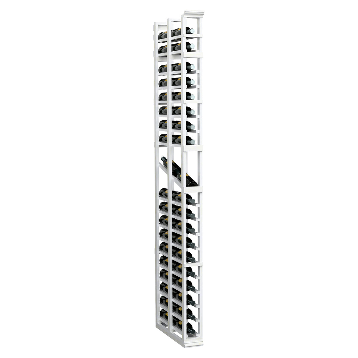 Whitewashed wood vertical display rack with open double-deep bottle compartments