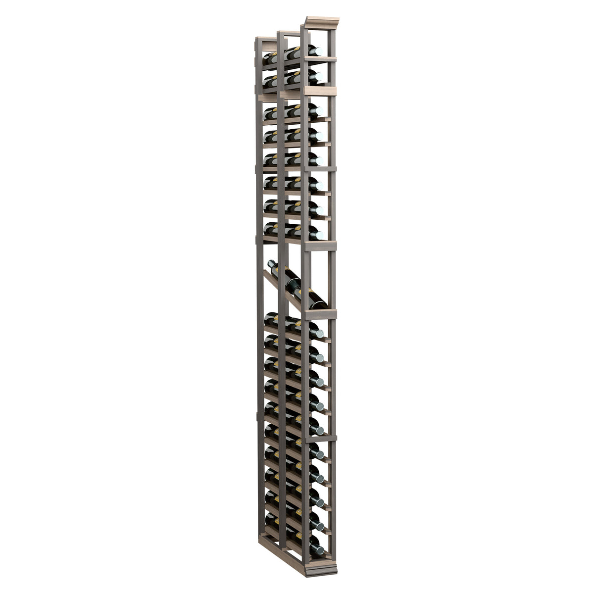 Dark wood-and-metal double-deep display rack with bottle cradles, tall 7-ft style.