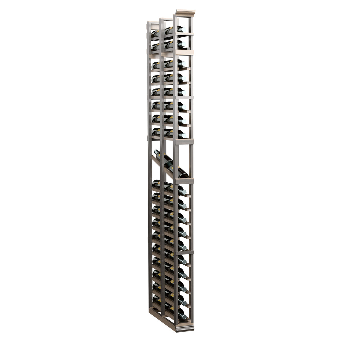 Dark wood-and-metal double-deep display rack with bottle cradles, 7-ft tall.